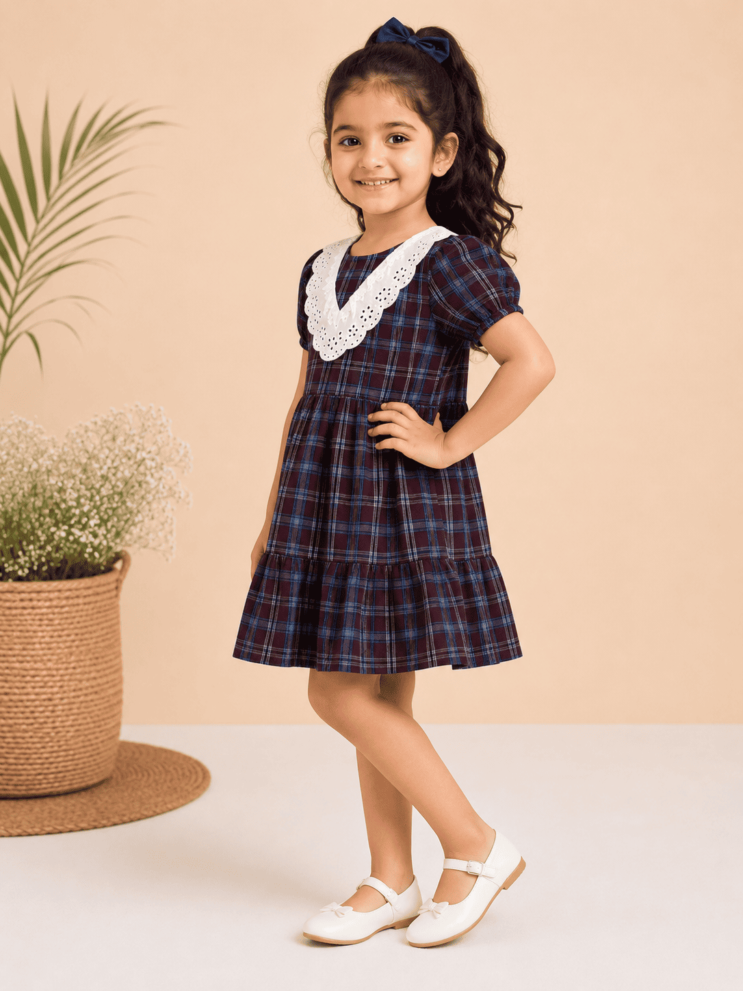 Maroon Checked Dress with Lace Collar