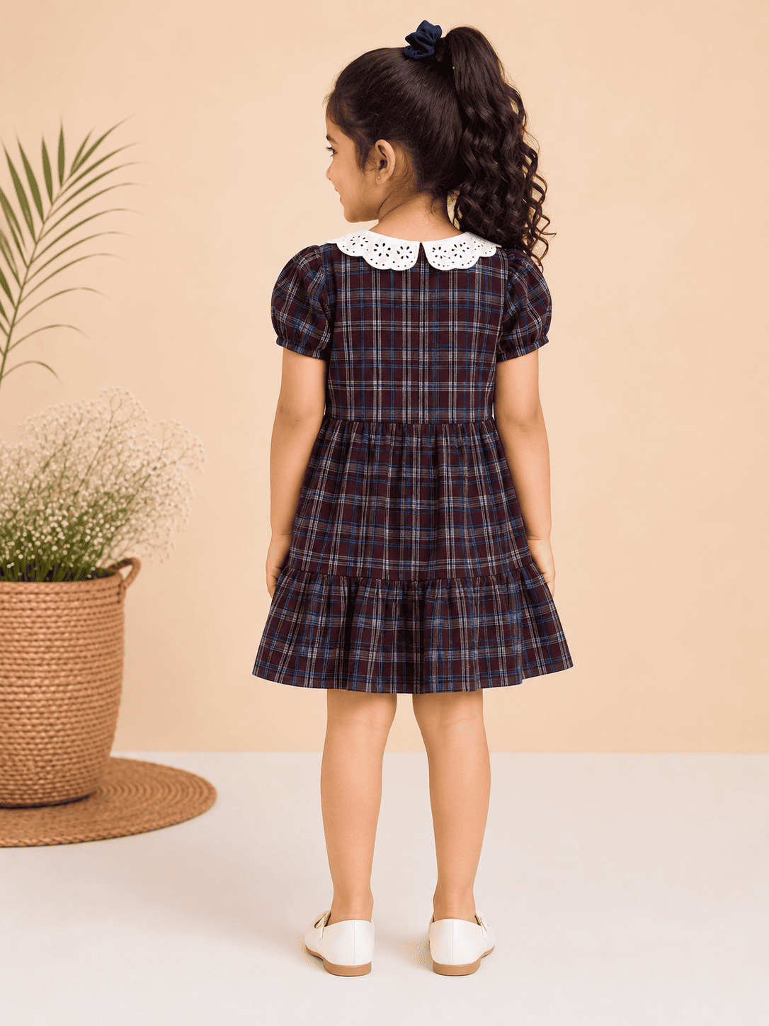 Maroon Checked Dress with Lace Collar