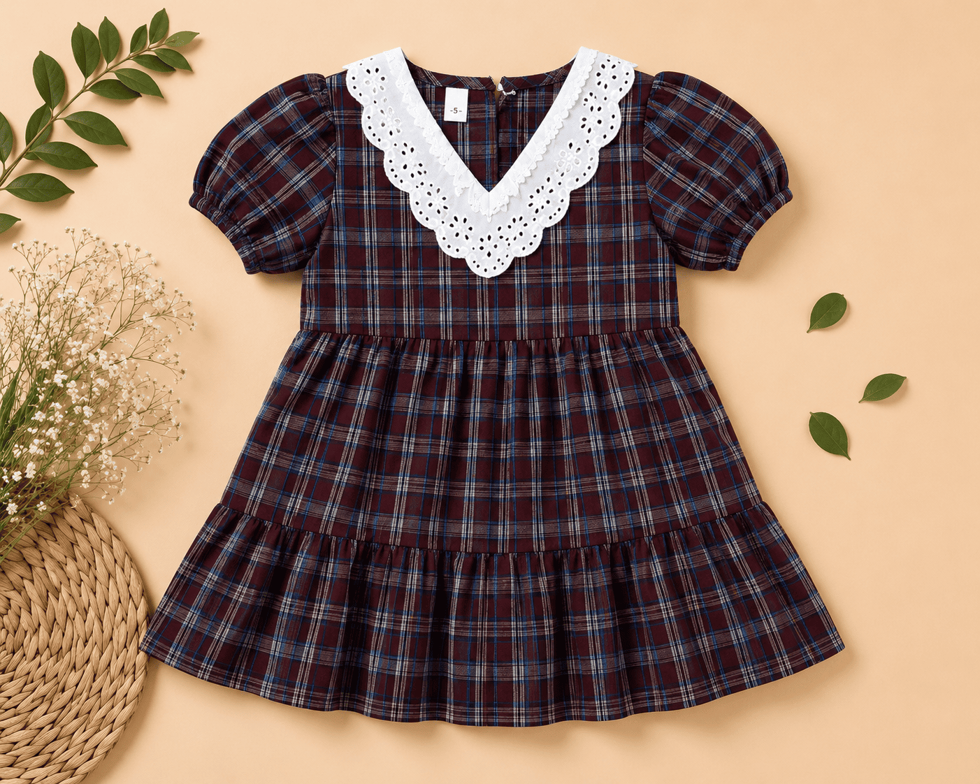 Maroon Checked Dress with Lace Collar