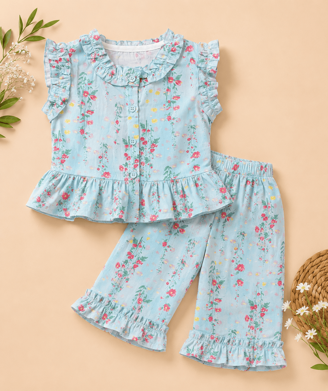 Sky Blue Floral Co-Ord Set for Girls