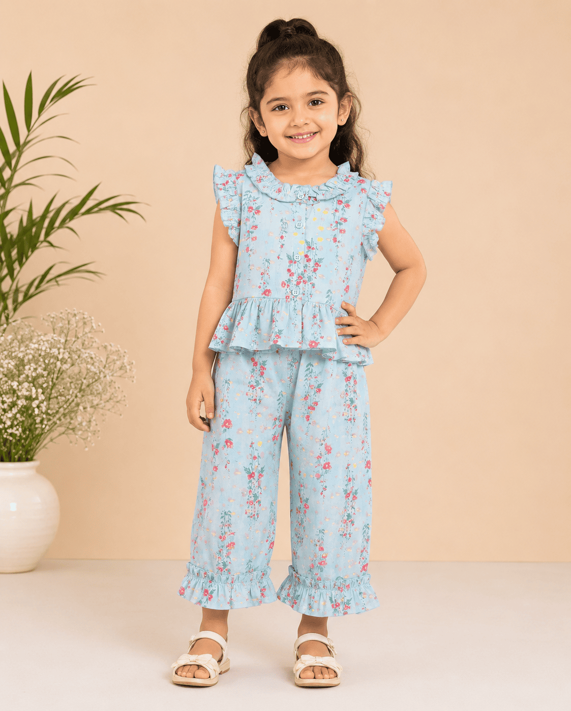 Sky Blue Floral Co-Ord Set for Girls