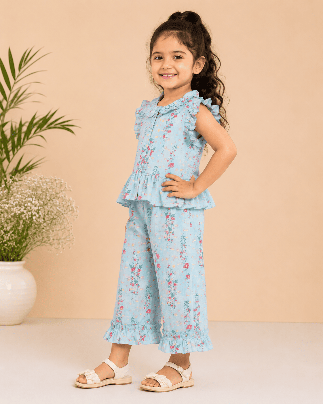 Sky Blue Floral Co-Ord Set for Girls