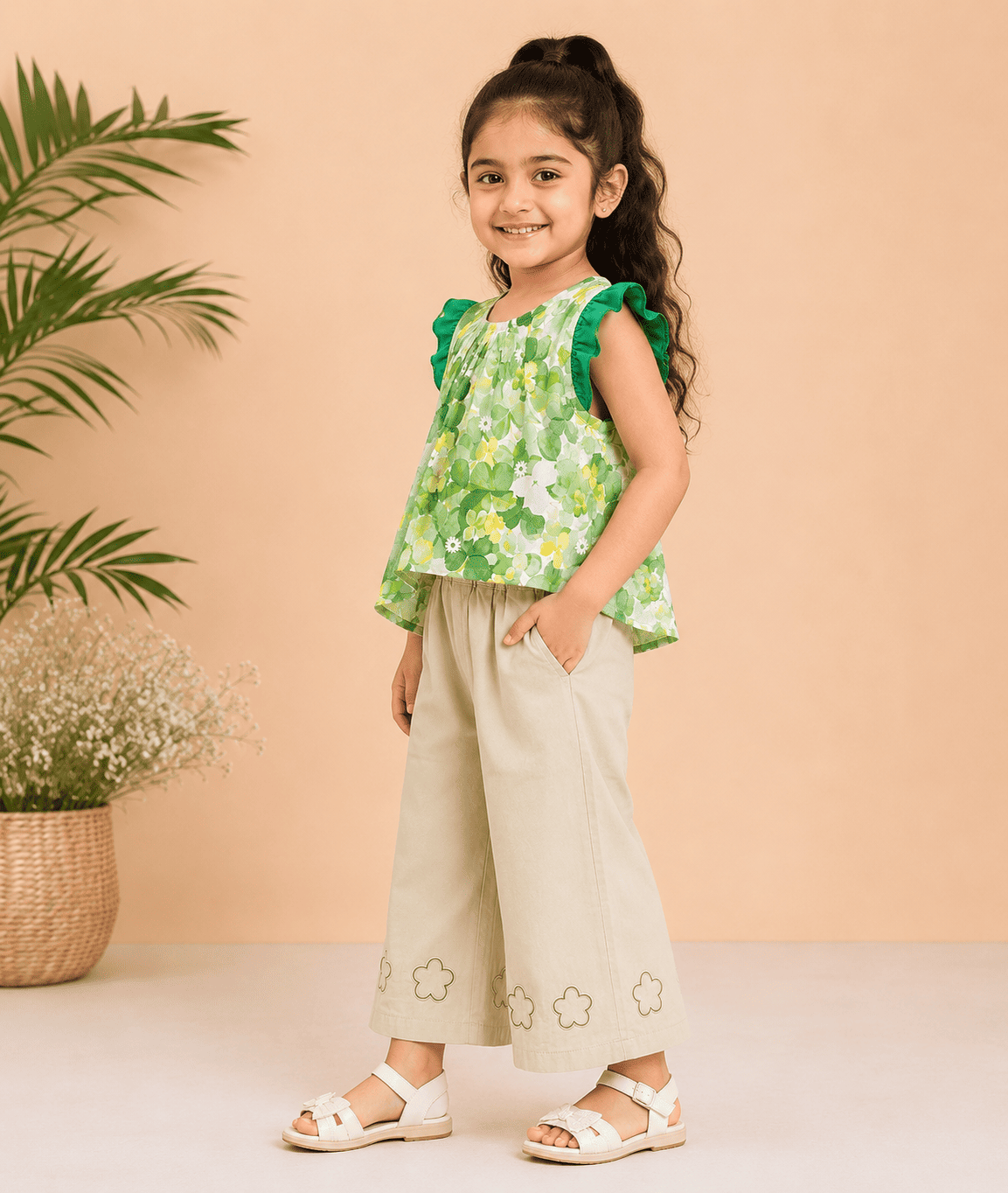 Green Floral Co-Ord Set with Wide Leg Pants