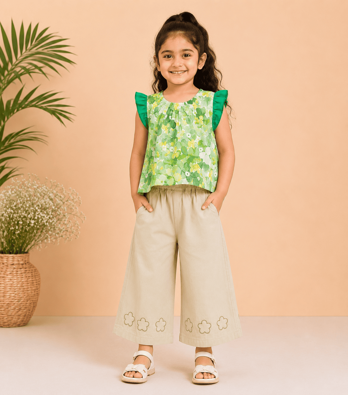 Green Floral Co-Ord Set with Wide Leg Pants