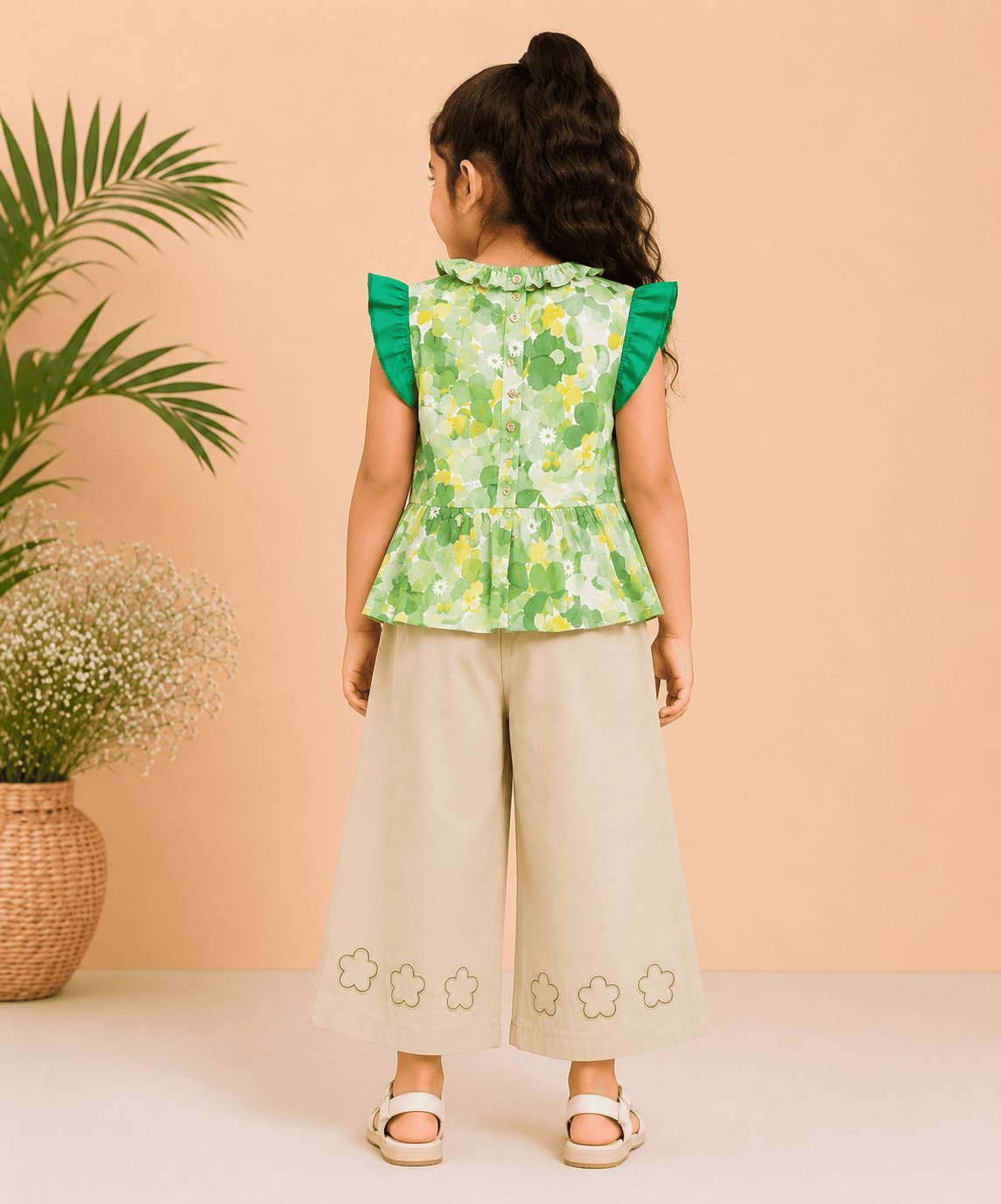 Green Floral Co-Ord Set with Wide Leg Pants