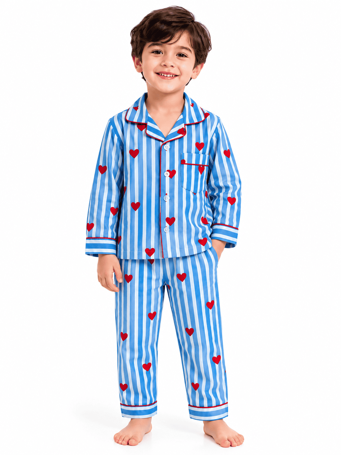 Kids Unisex Blue & White Striped Heart Printed Cotton Night Suit