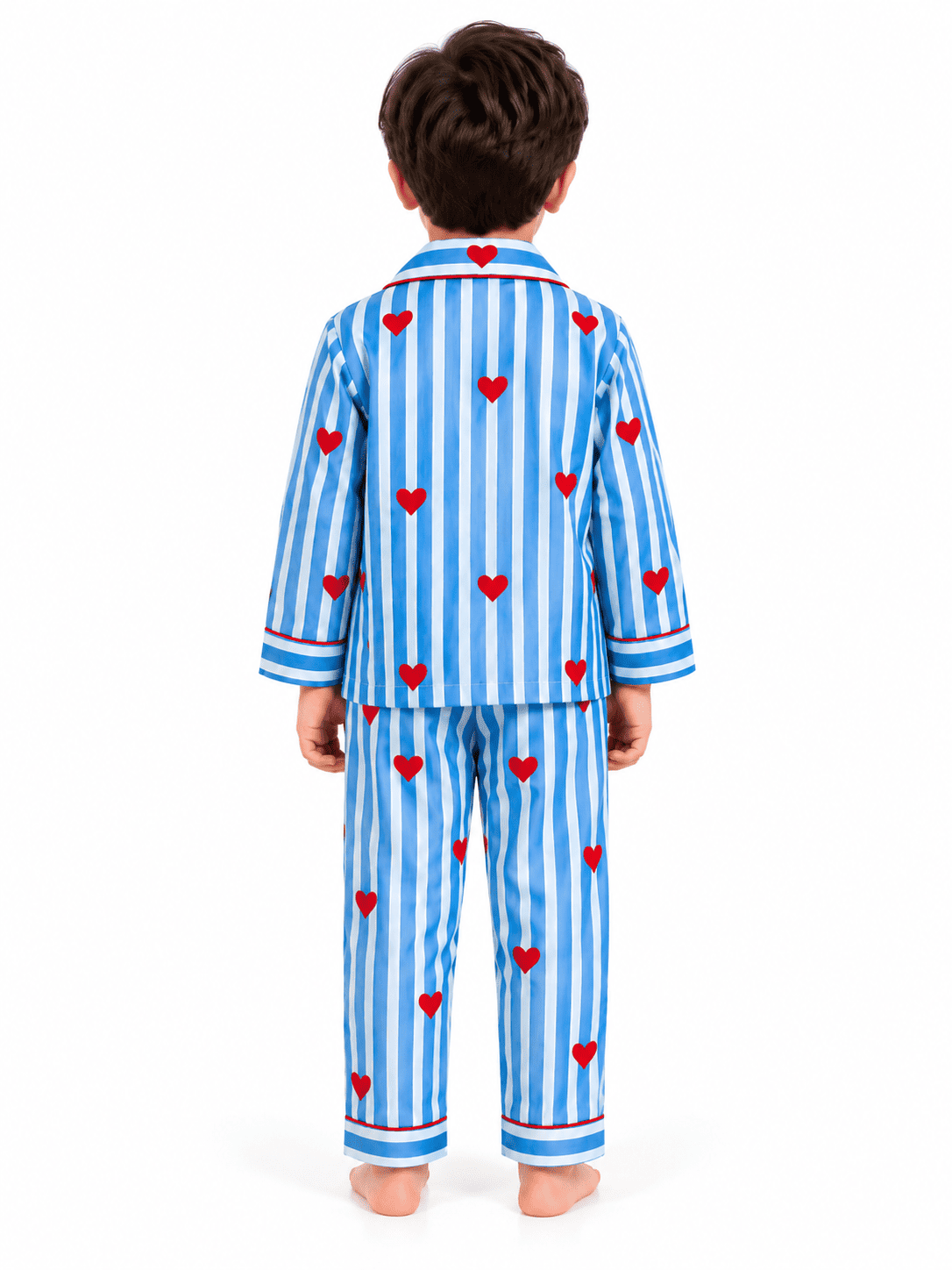 Kids Unisex Blue & White Striped Heart Printed Cotton Night Suit