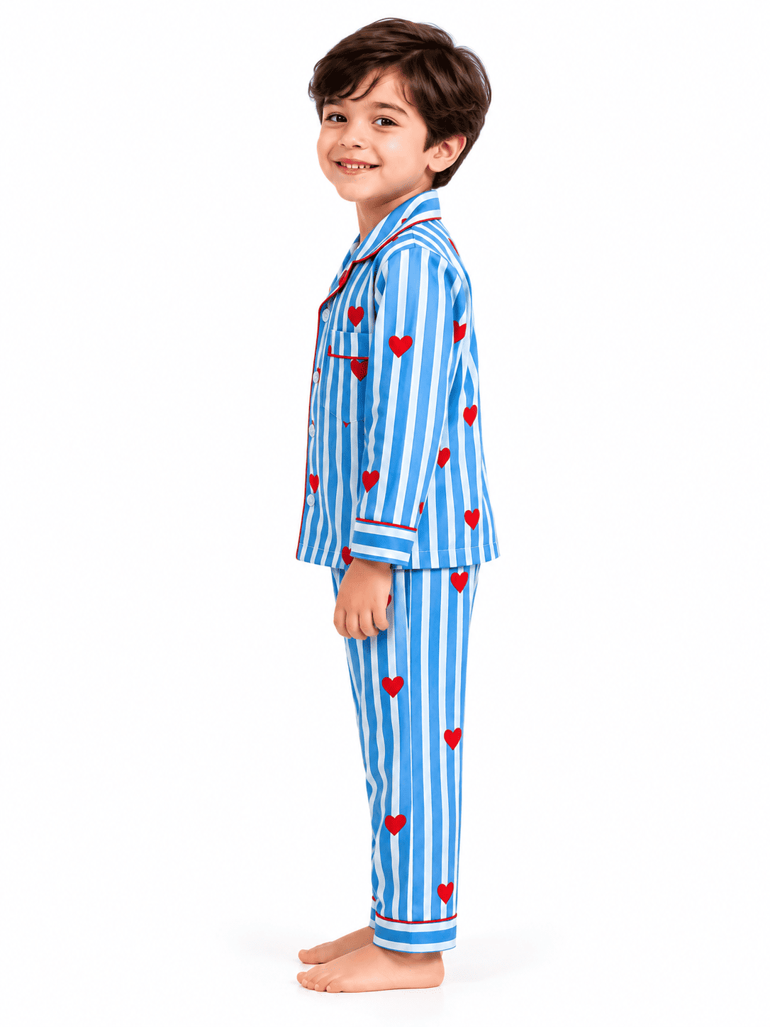 Kids Unisex Blue & White Striped Heart Printed Cotton Night Suit