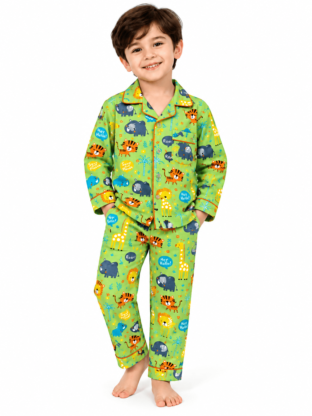Kids Unisex Green Safari Animal Printed Cotton Night Suit