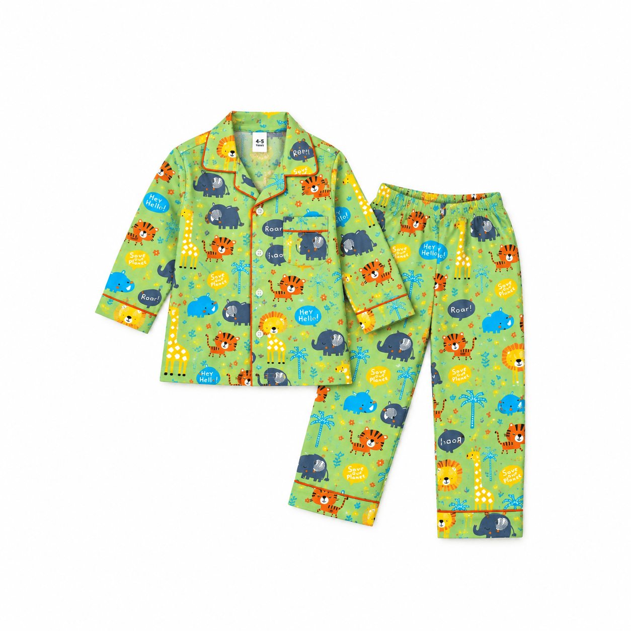 Kids Unisex Green Safari Animal Printed Cotton Night Suit