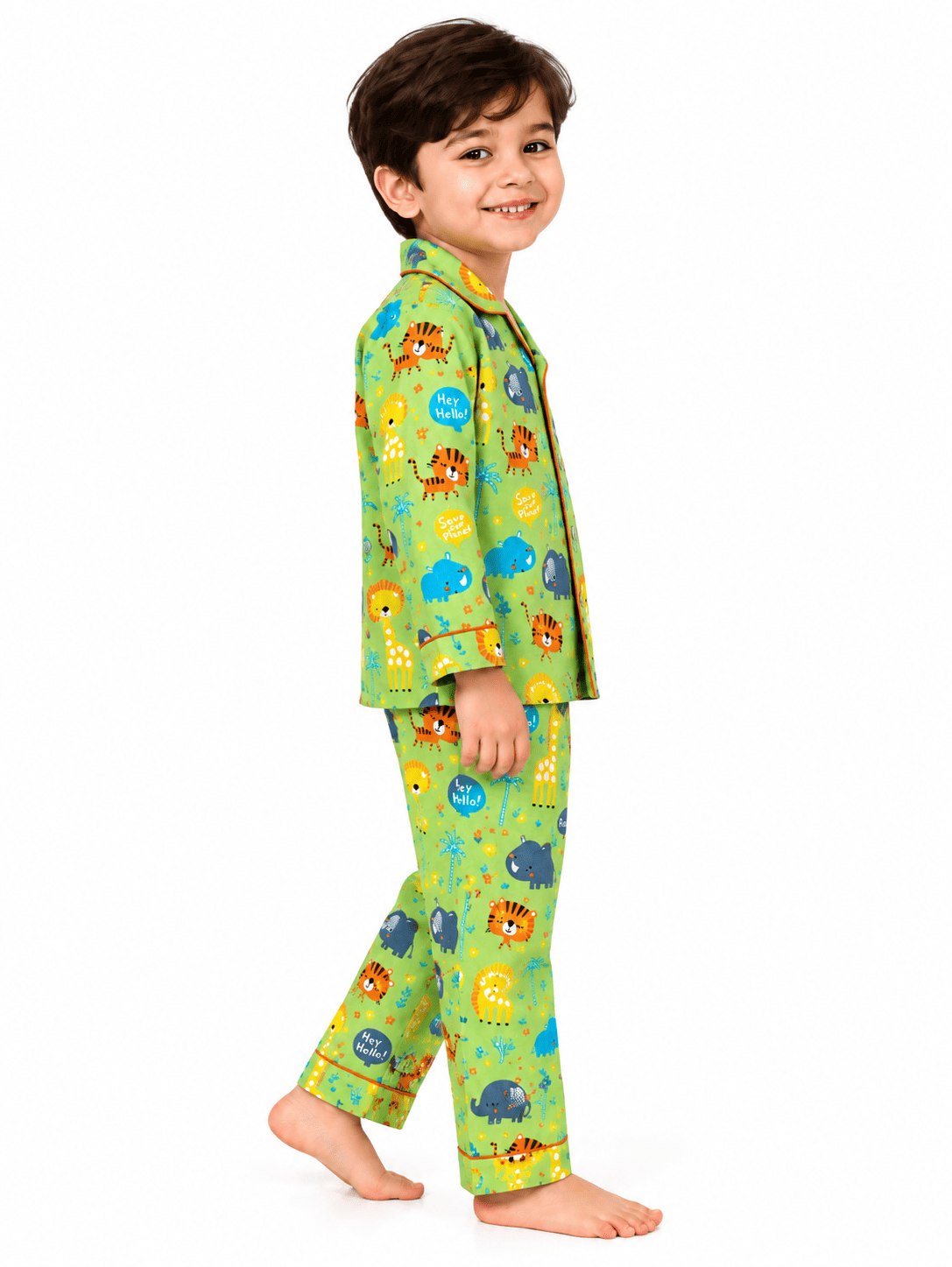 Kids Unisex Green Safari Animal Printed Cotton Night Suit