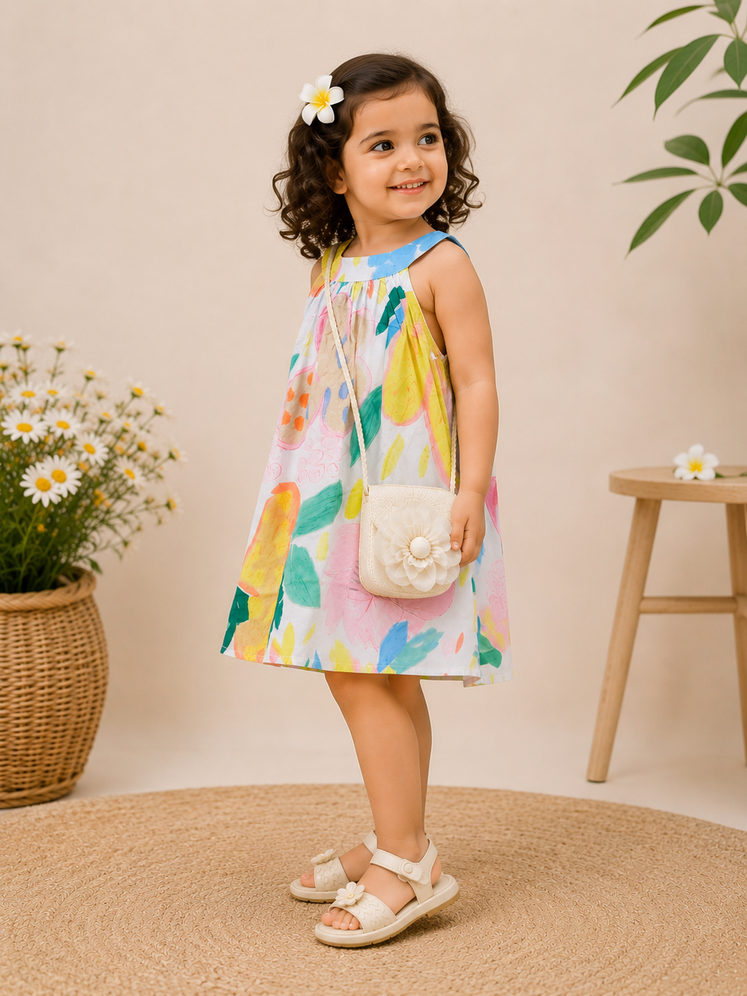 Girls Artistic Floral Dress with Purse – Sleeveless Cotton Summer Outfit