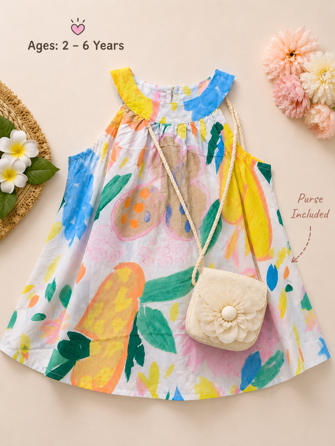 Girls Artistic Floral Dress with Purse – Sleeveless Cotton Summer Outfit