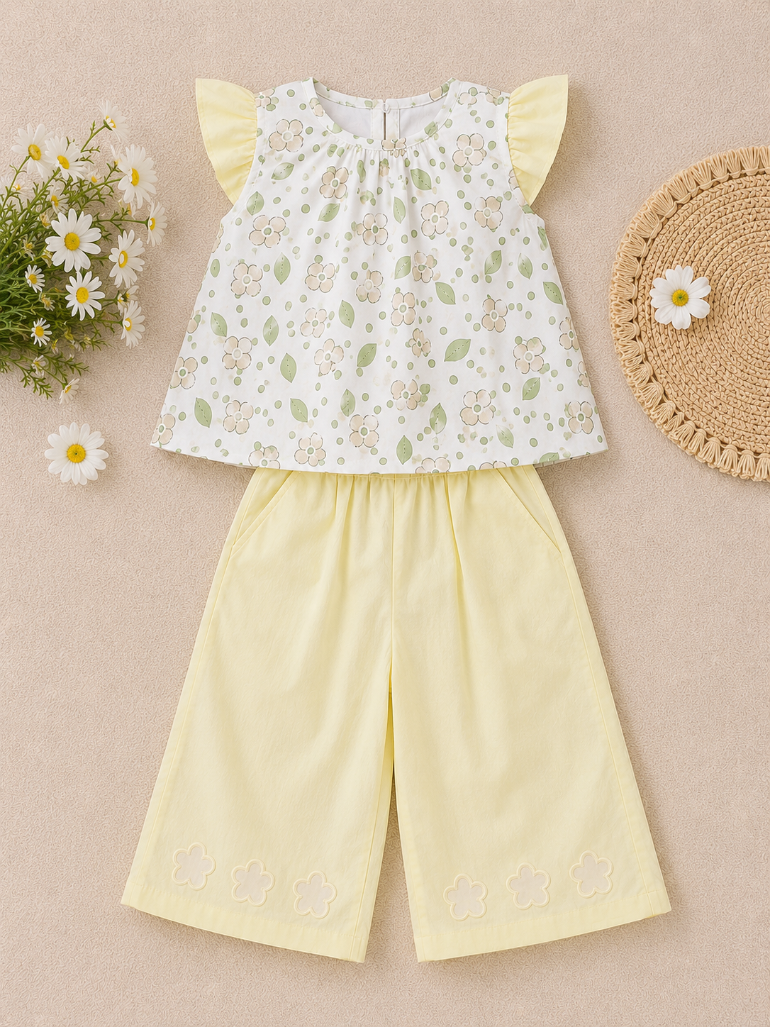 Girls Floral Printed Co-Ord Set | Printed Top & Wide Leg Pants Set