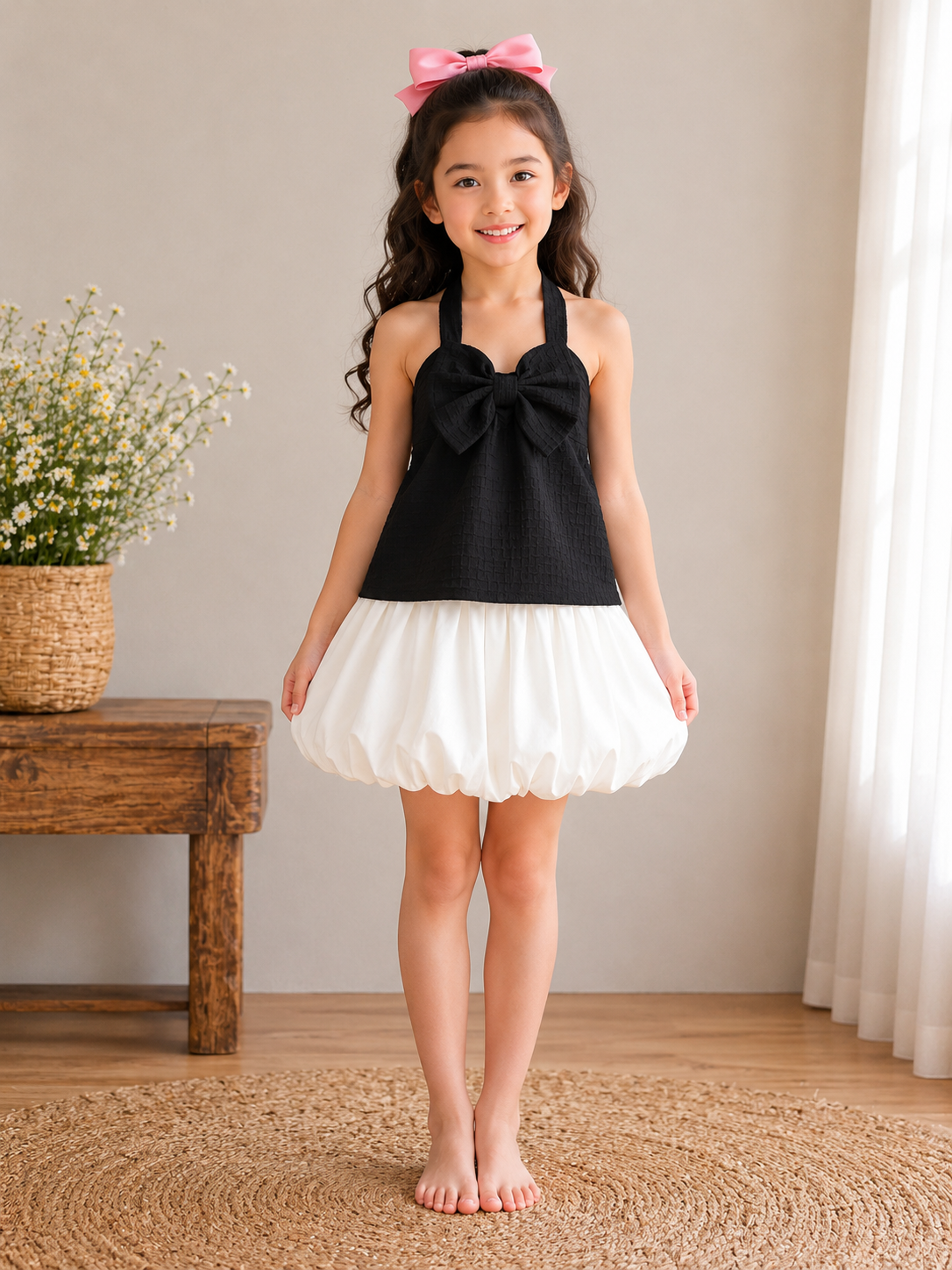 Girls Black & White Bow Bubble Dress | Sleeveless Party Dress