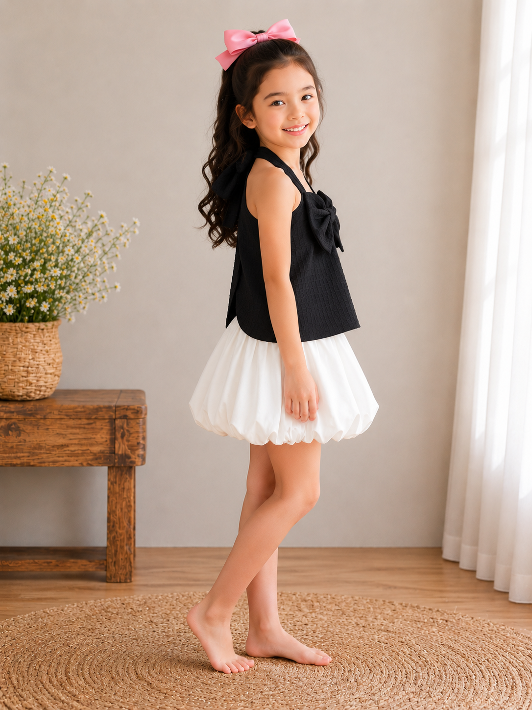 Girls Black & White Bow Bubble Dress | Sleeveless Party Dress