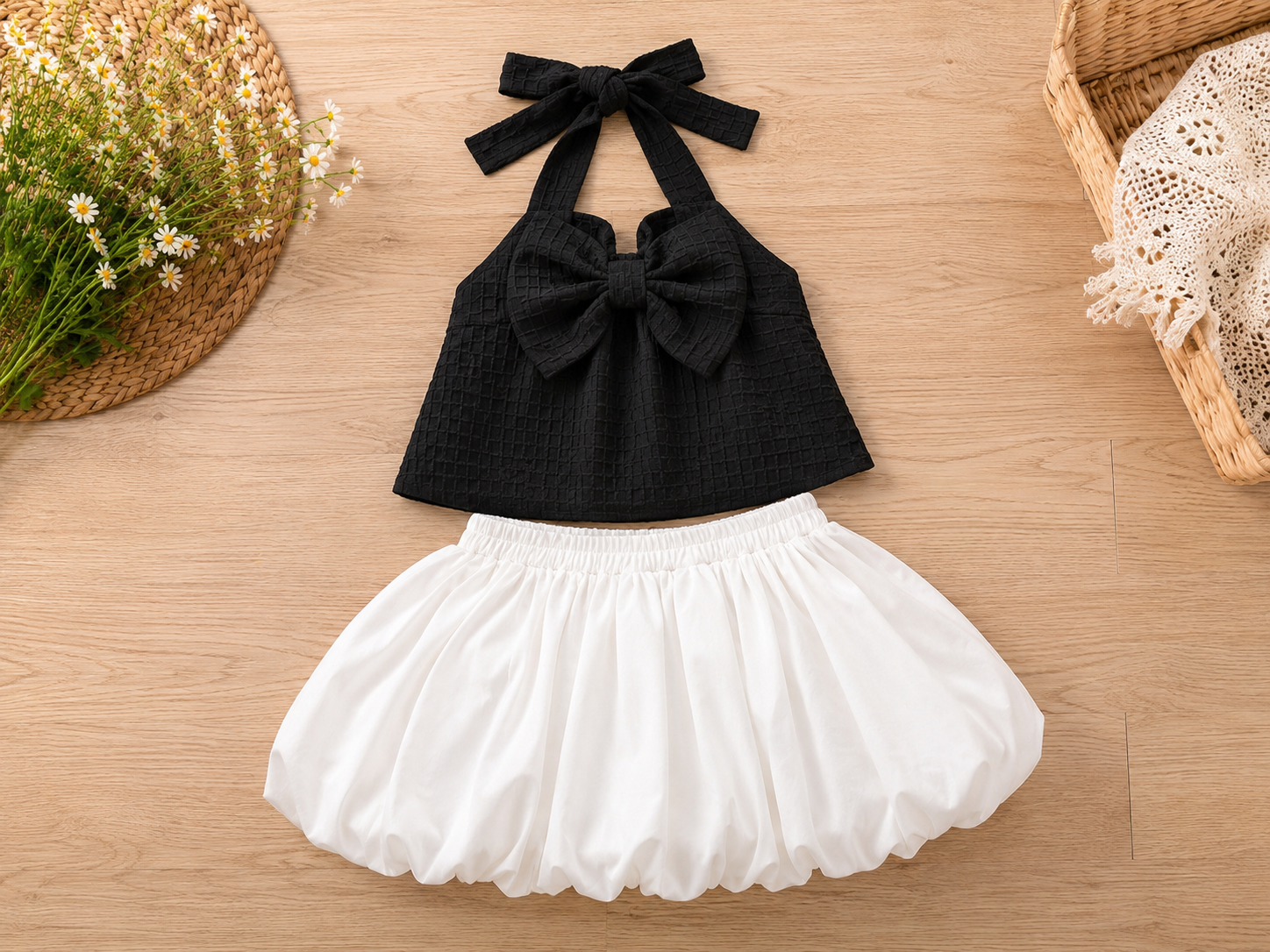 Girls Black & White Bow Bubble Dress | Sleeveless Party Dress