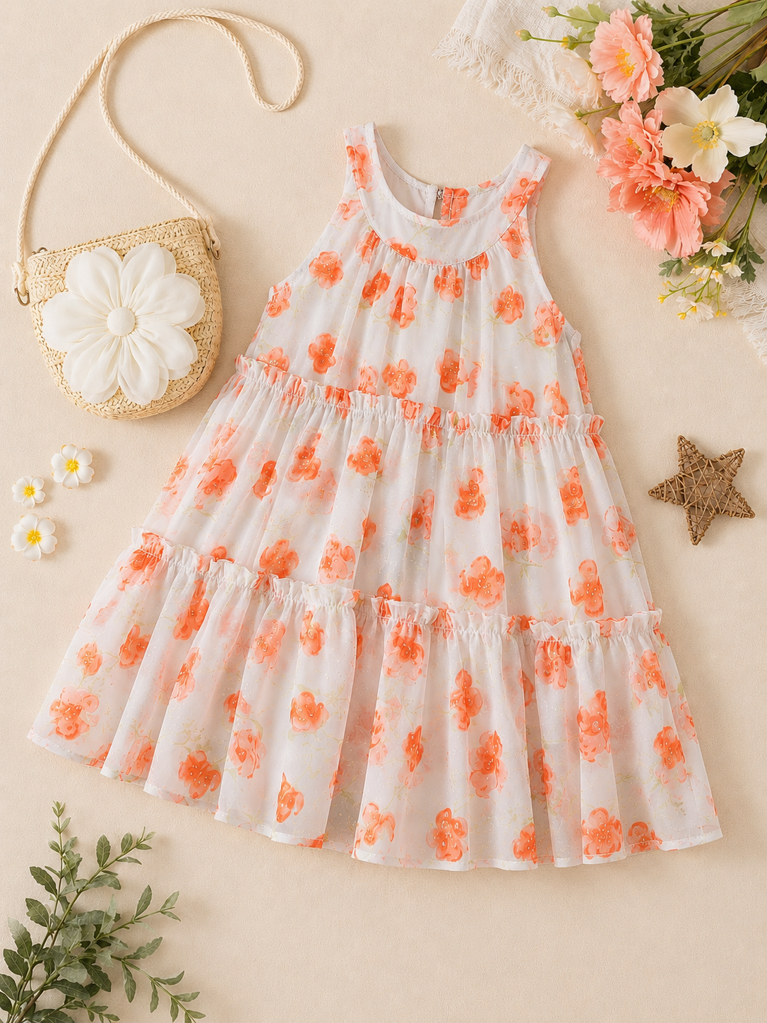 Floral Printed Sleeveless Dress for Girls with Flower Sling Bag | Soft Summer Dress