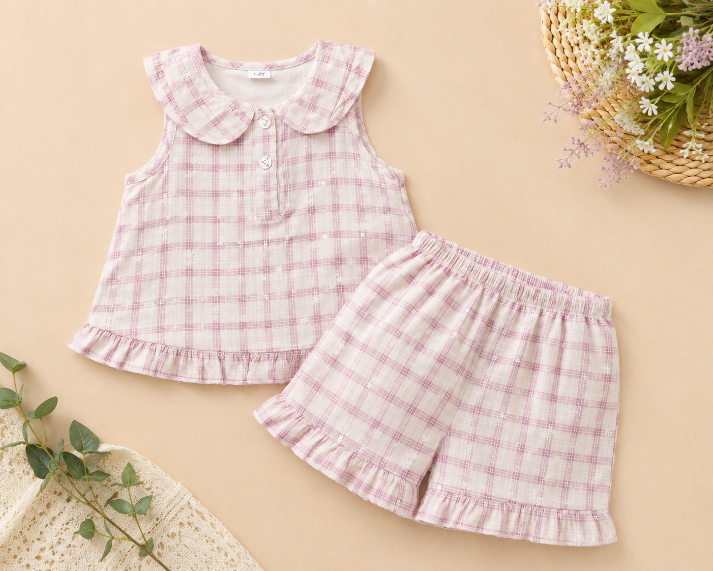 Baby Pink Checked 2 Piece Top & Shorts Set | Sleeveless Cotton Summer Co-ord Set