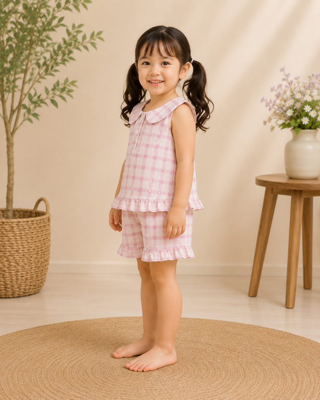 Baby Pink Checked 2 Piece Top & Shorts Set | Sleeveless Cotton Summer Co-ord Set
