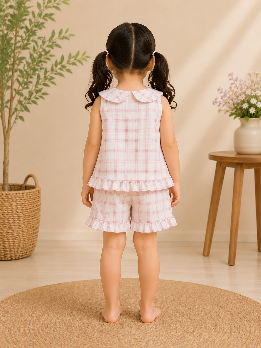 Baby Pink Checked 2 Piece Top & Shorts Set | Sleeveless Cotton Summer Co-ord Set