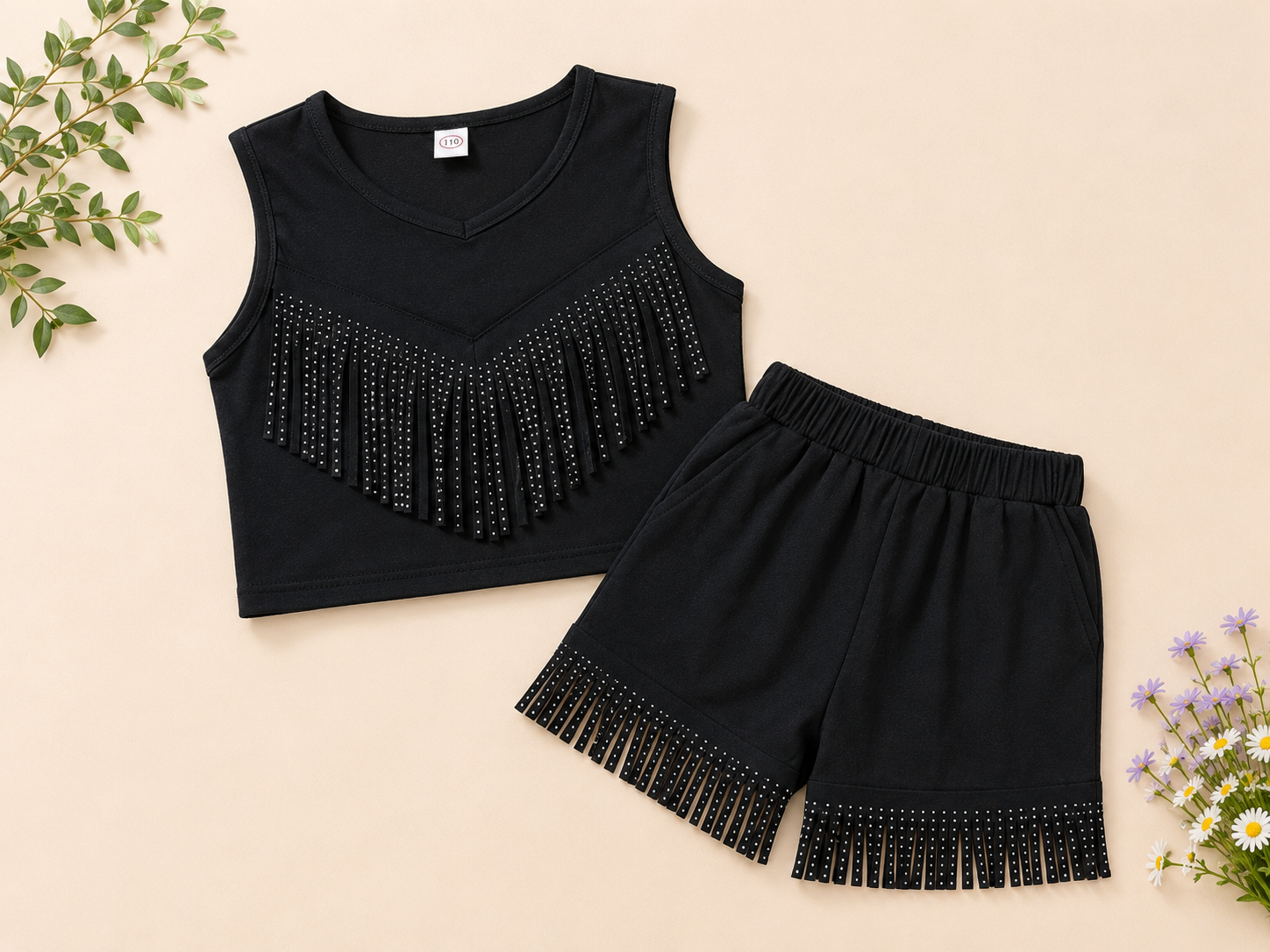 Girls Black Fringe Detail 2 Piece Co-ord Set