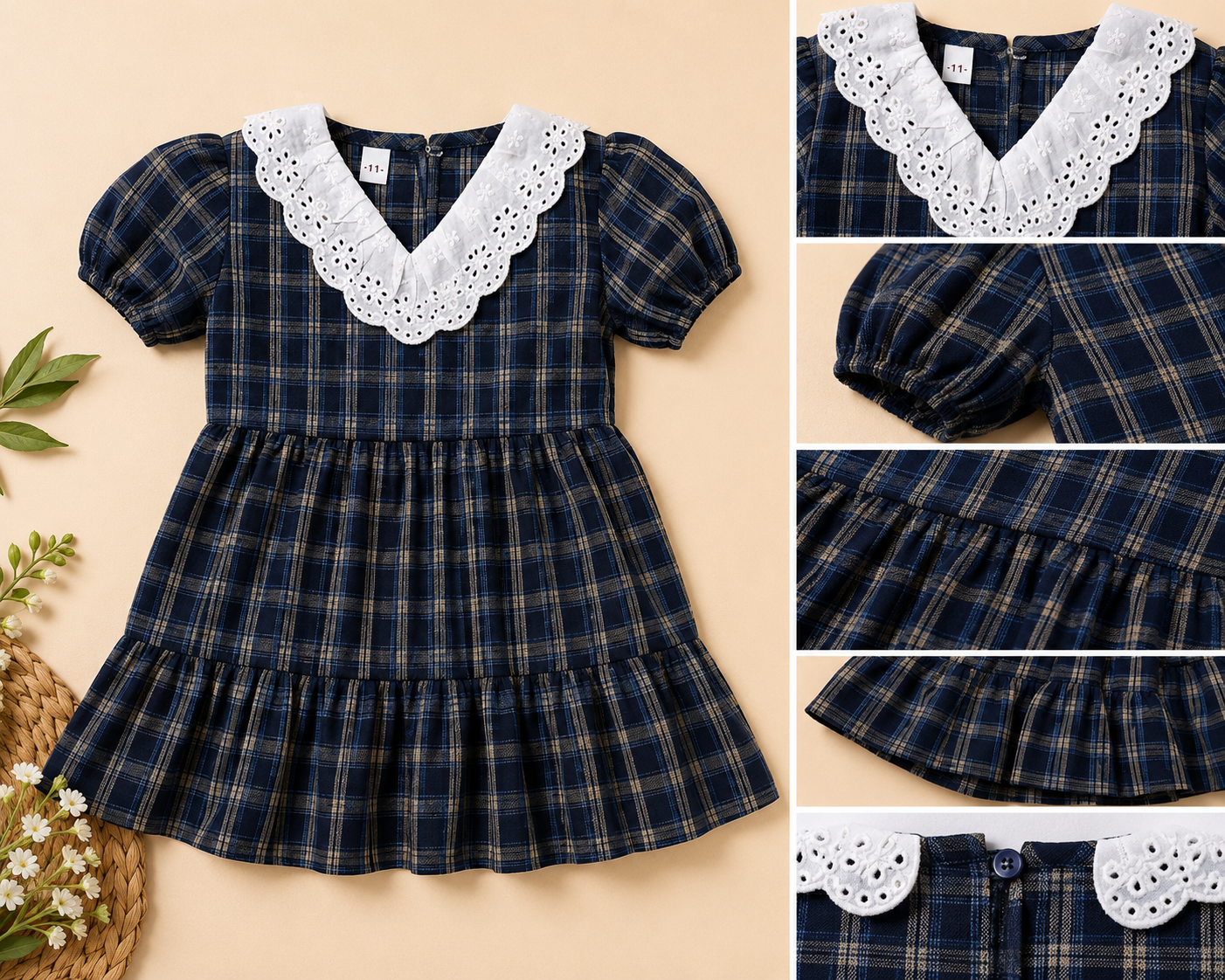 Girls Navy Blue Checked Dress with Lace Collar