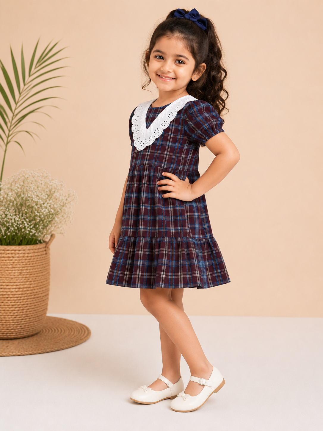 Maroon Checked Dress with Lace Collar