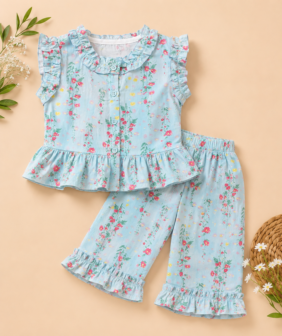 Sky Blue Floral Co-Ord Set for Girls