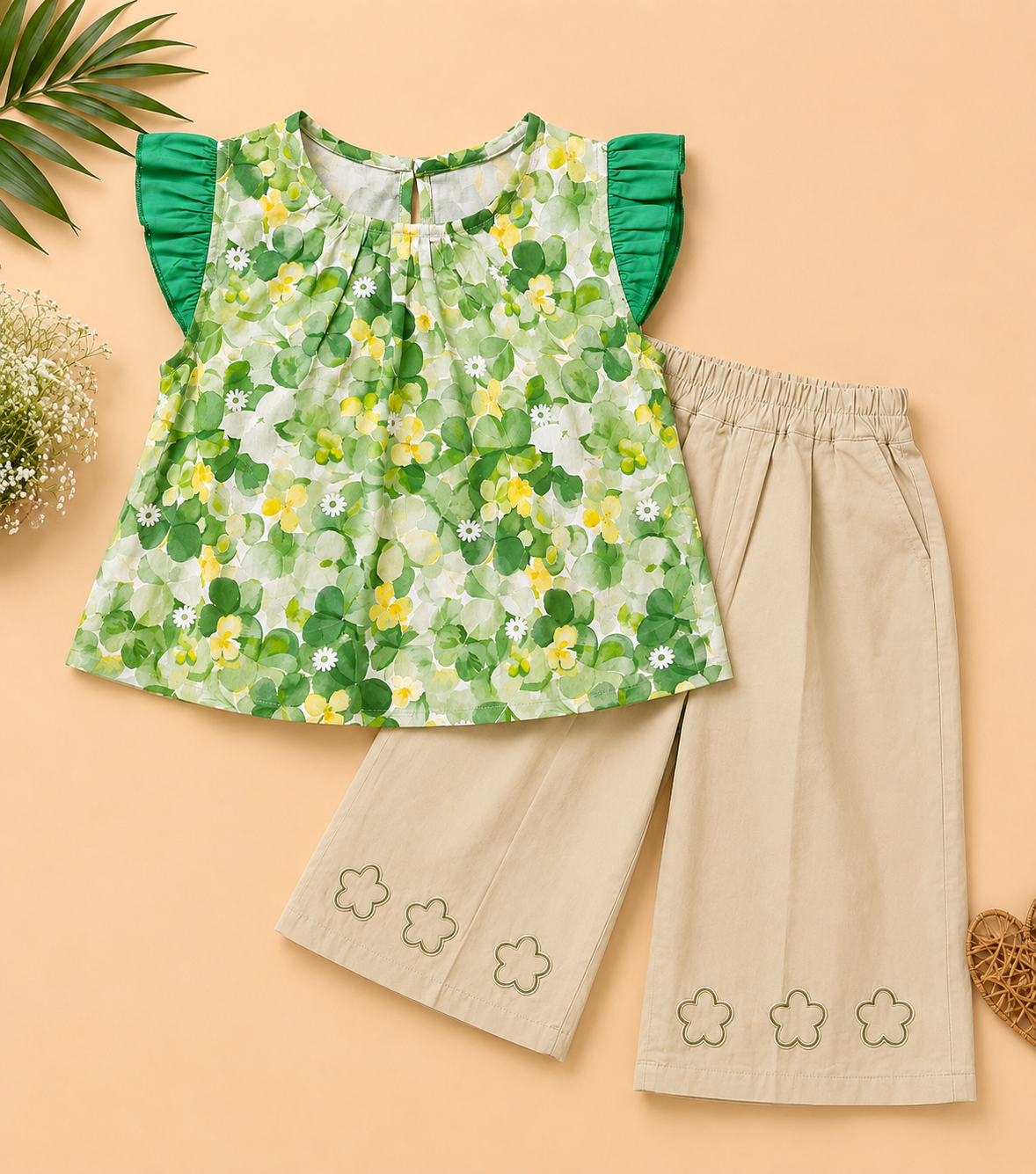 Green Floral Co-Ord Set with Wide Leg Pants