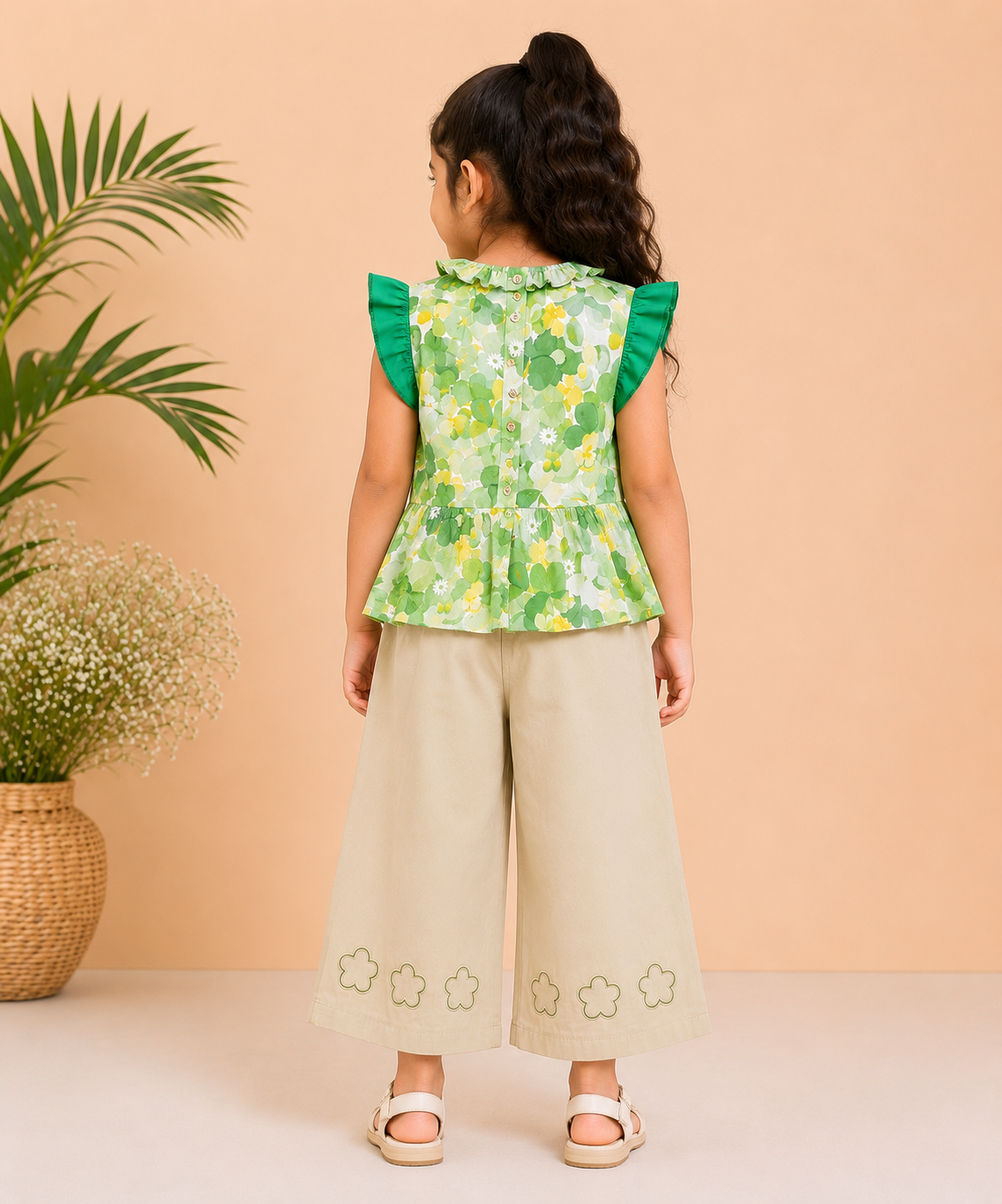 Green Floral Co-Ord Set with Wide Leg Pants