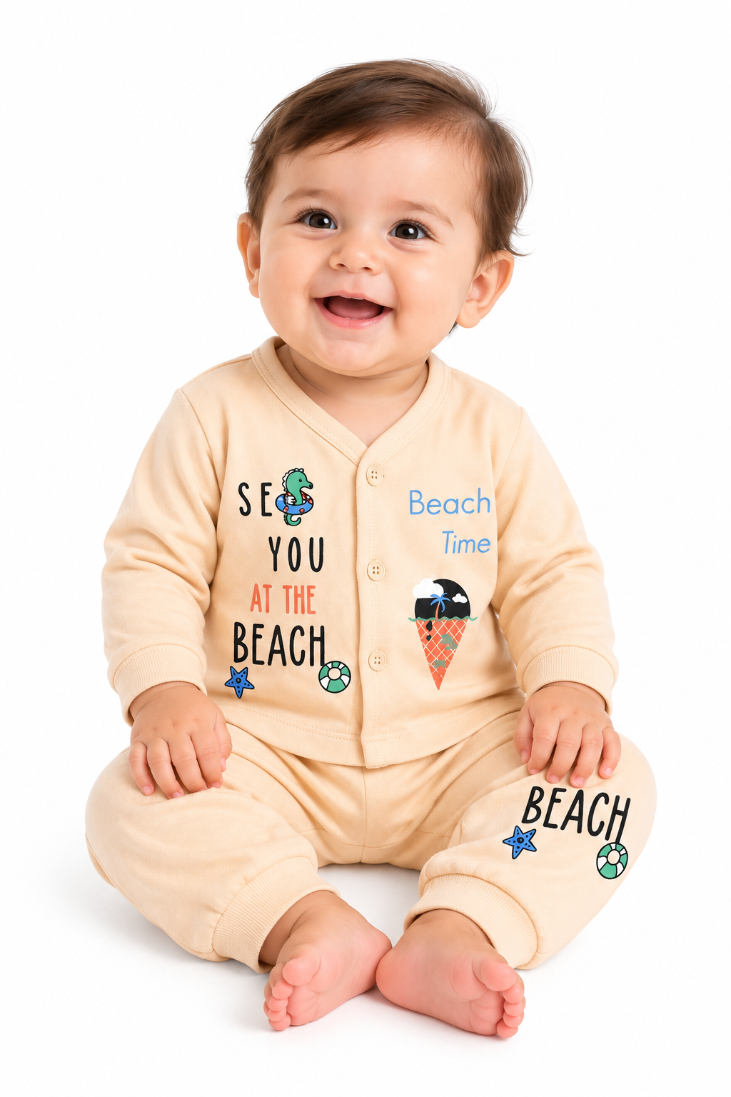 Newborn Beige Full Sleeve Cotton Set