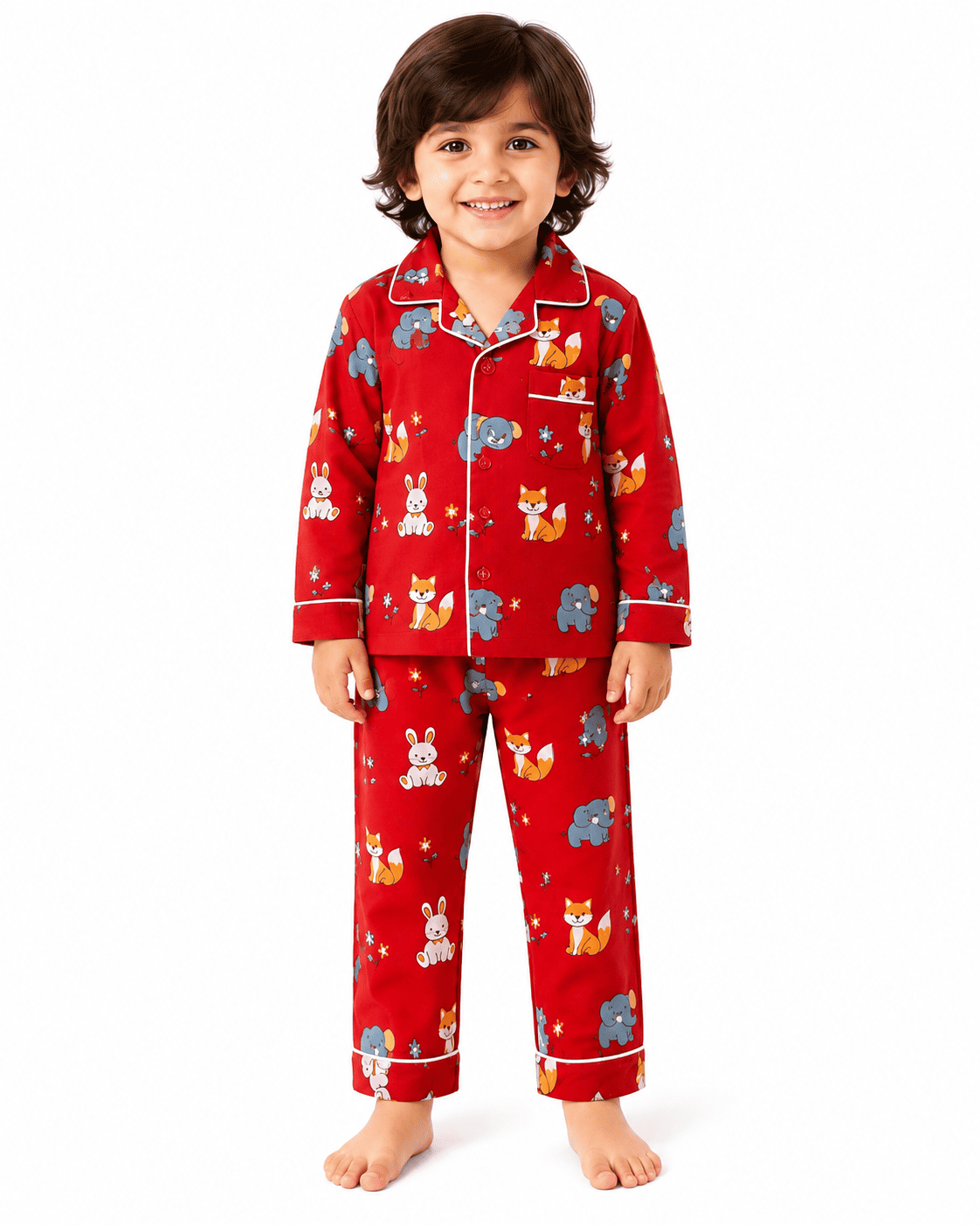 Kids Unisex Red Animal Print Cotton Night Suit