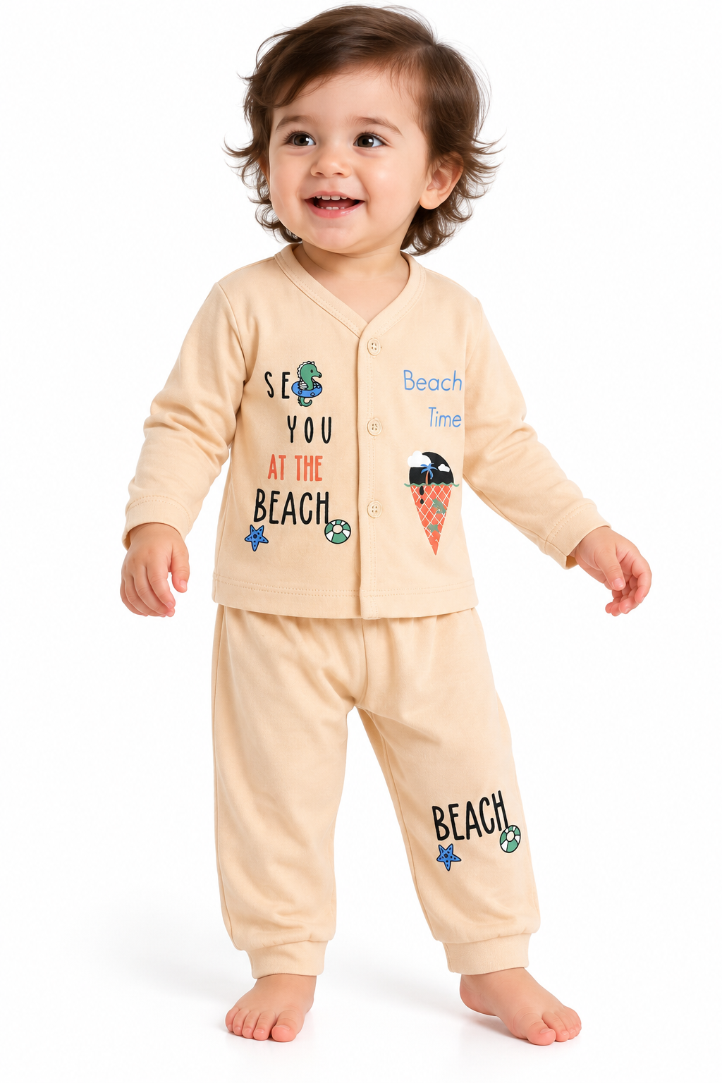 Newborn Beige Full Sleeve Cotton Set