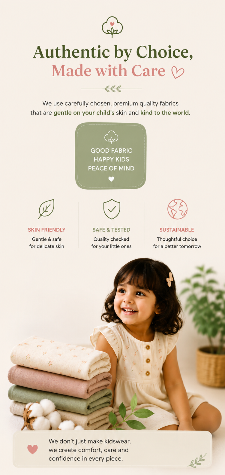 Child with folded fabric and text about fabric choice and care