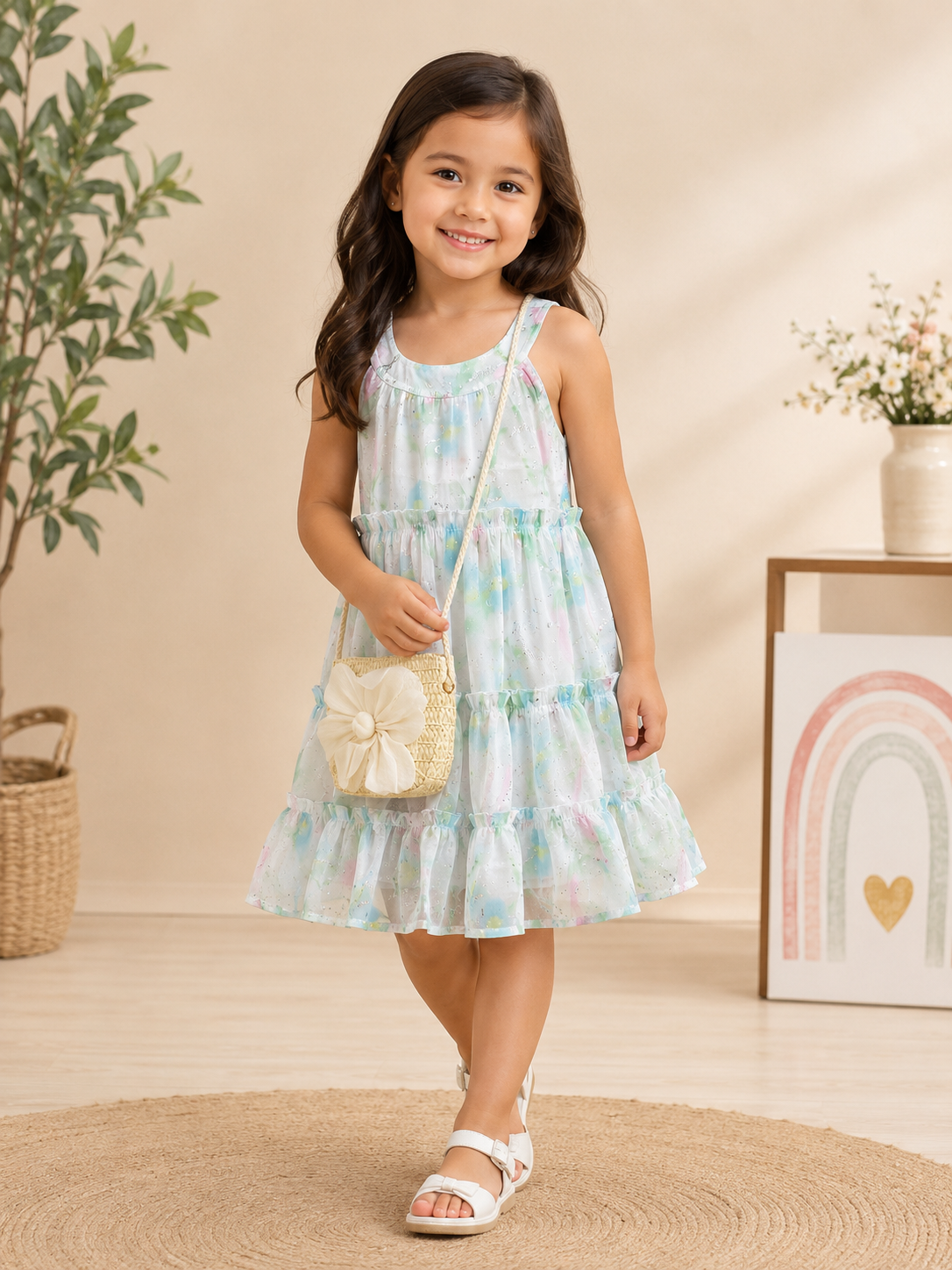 Young girl in a light blue dress holding a small bag, standing in a room with a plant and framed picture in the background.