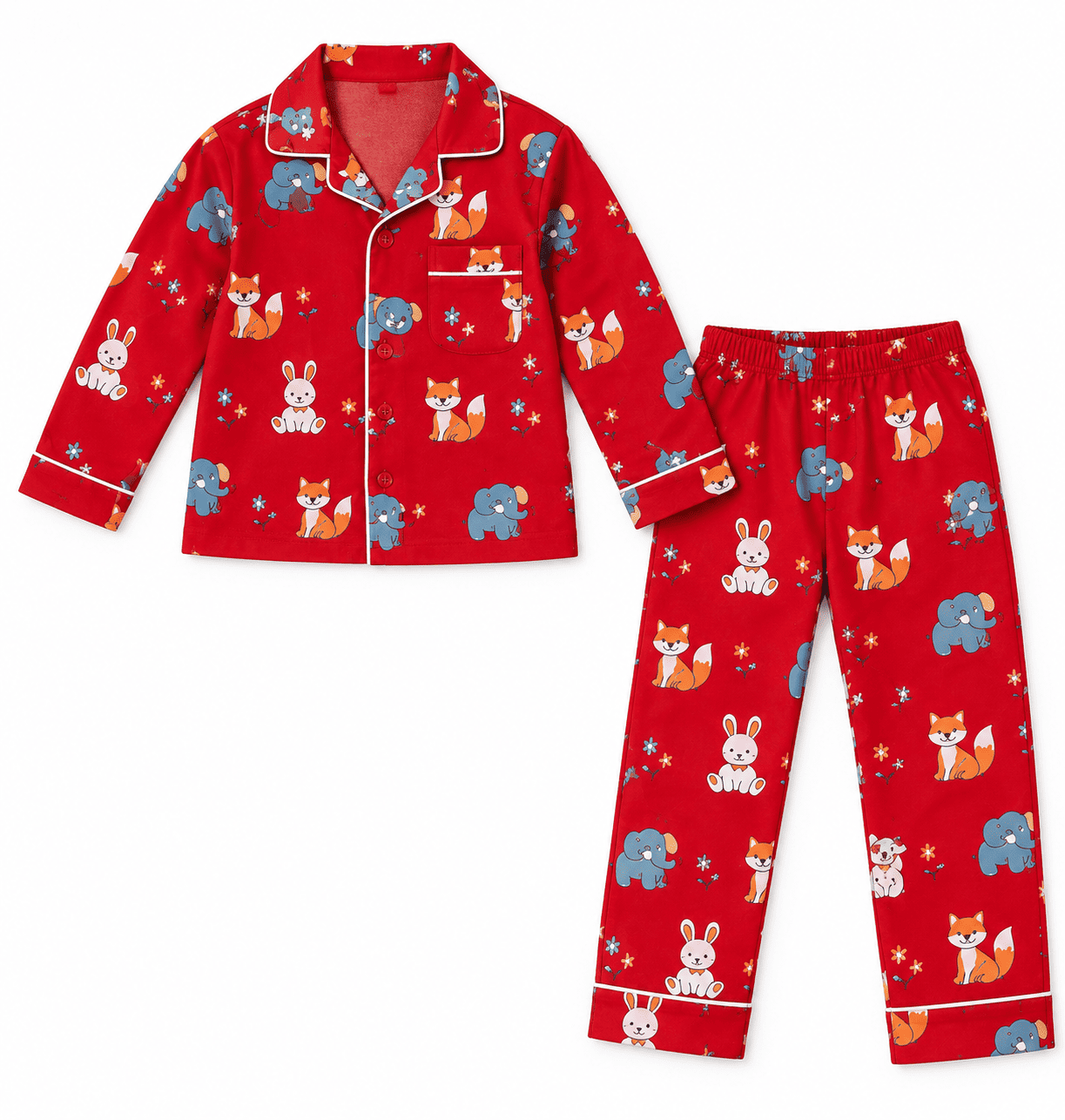 Kids Unisex Red Animal Print Cotton Night Suit