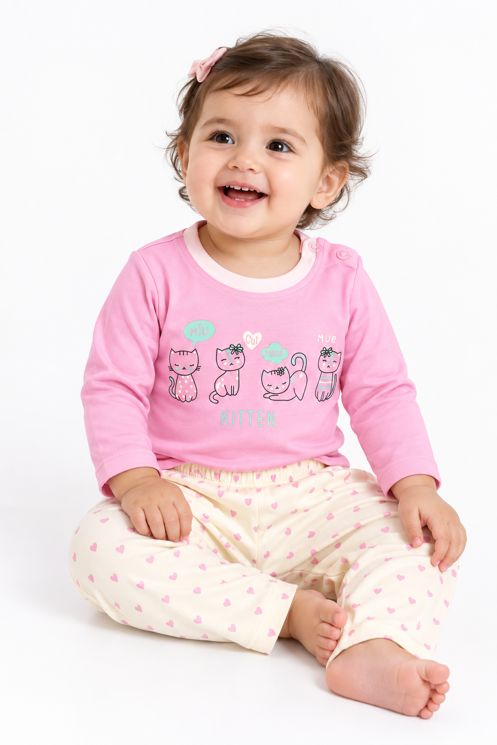 Newborn Pink Kitten Print Full Sleeve Set