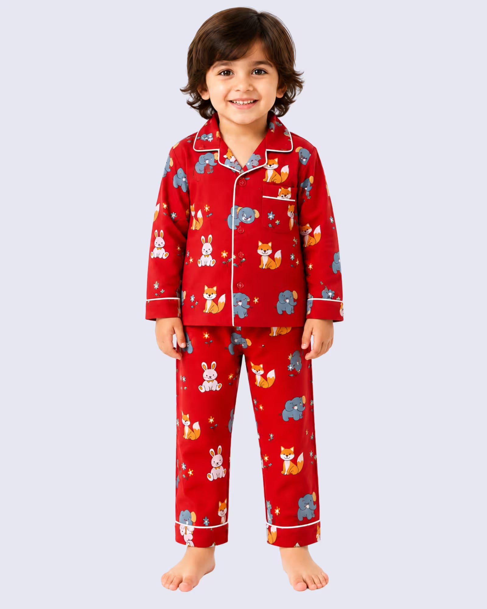 Kids Unisex Red Animal Print Cotton Night Suit