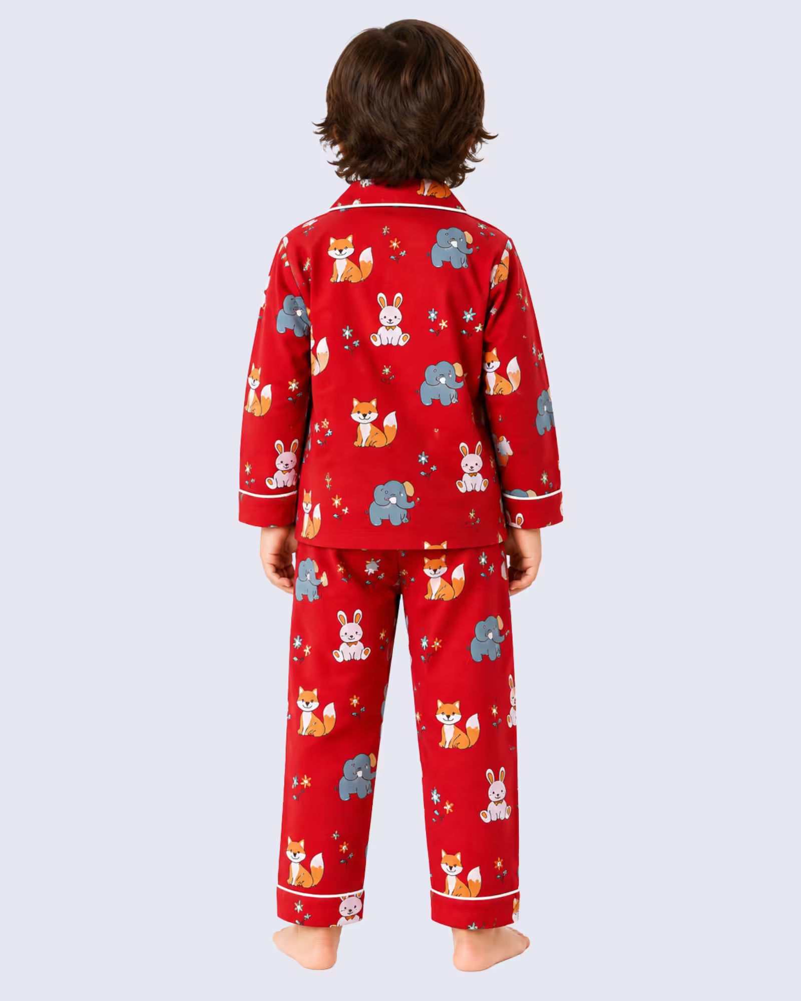 Kids Unisex Red Animal Print Cotton Night Suit