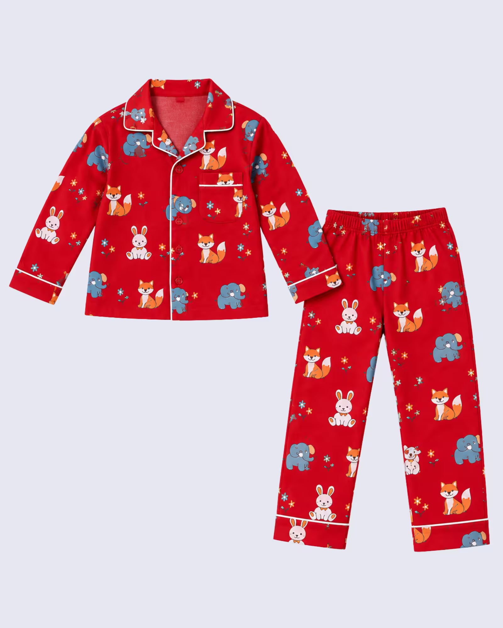 Kids Unisex Red Animal Print Cotton Night Suit