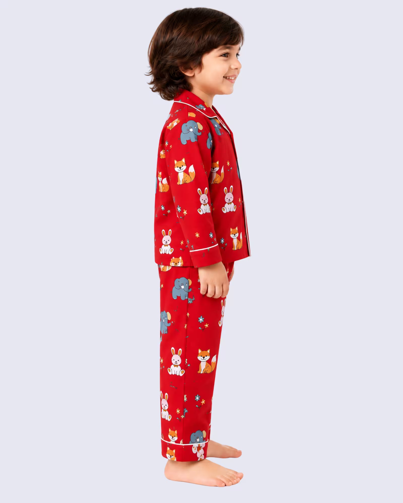 Kids Unisex Red Animal Print Cotton Night Suit