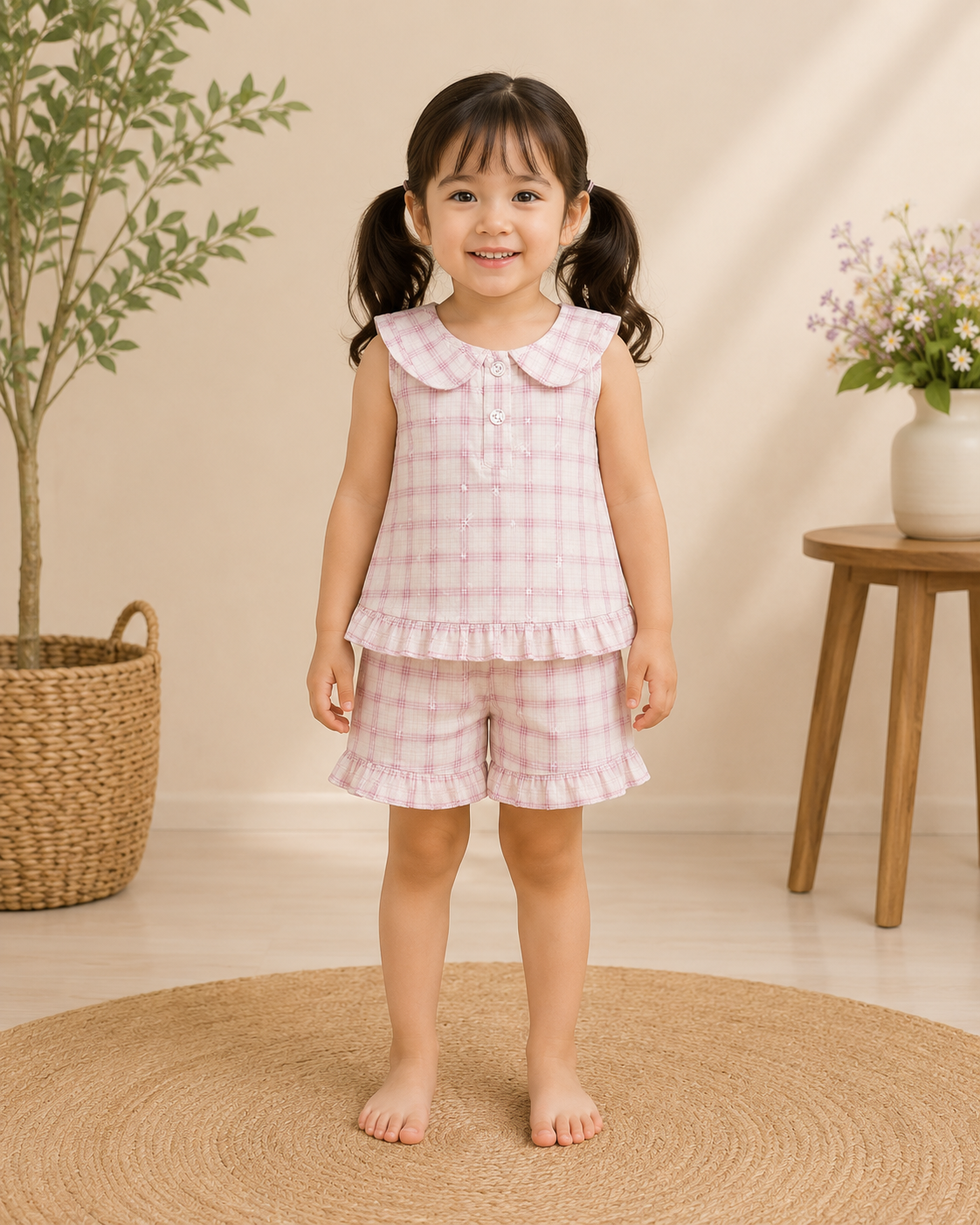 Young girl wearing a pink checkered outfit standing in a room with a plant and stool.